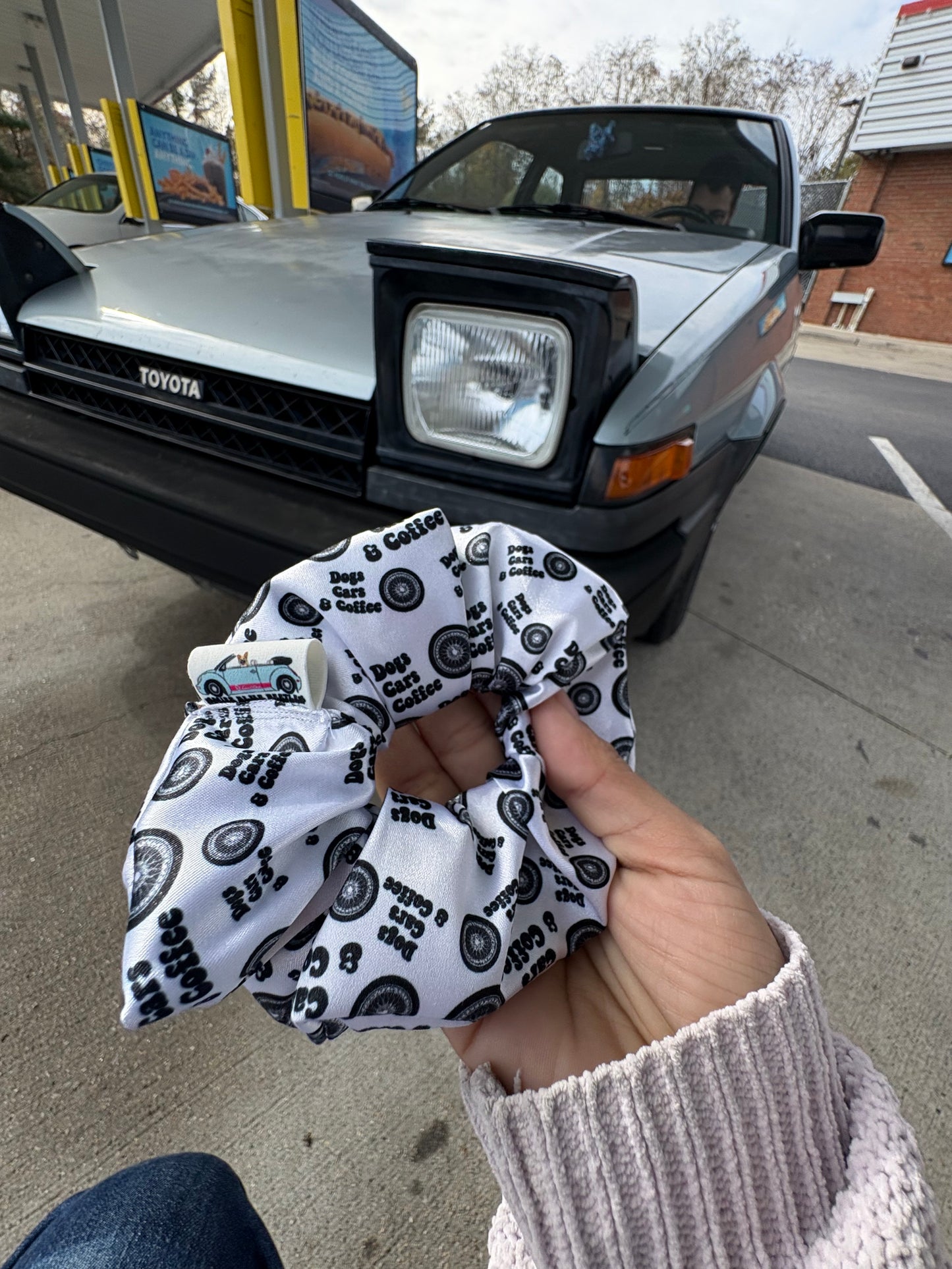 Dogs, cars, and coffee satin scrunchie