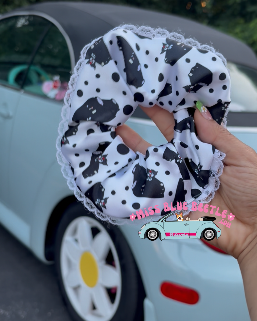 Black polka dots Rx7 scrunchie