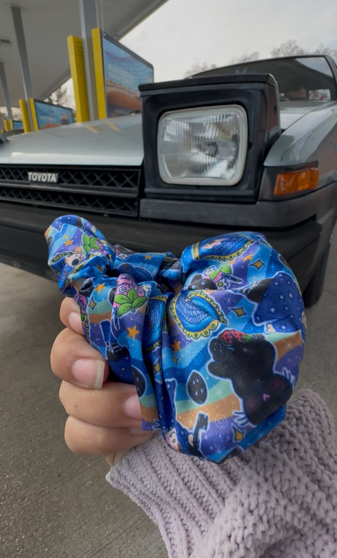 Blue hair girl satin scrunchie