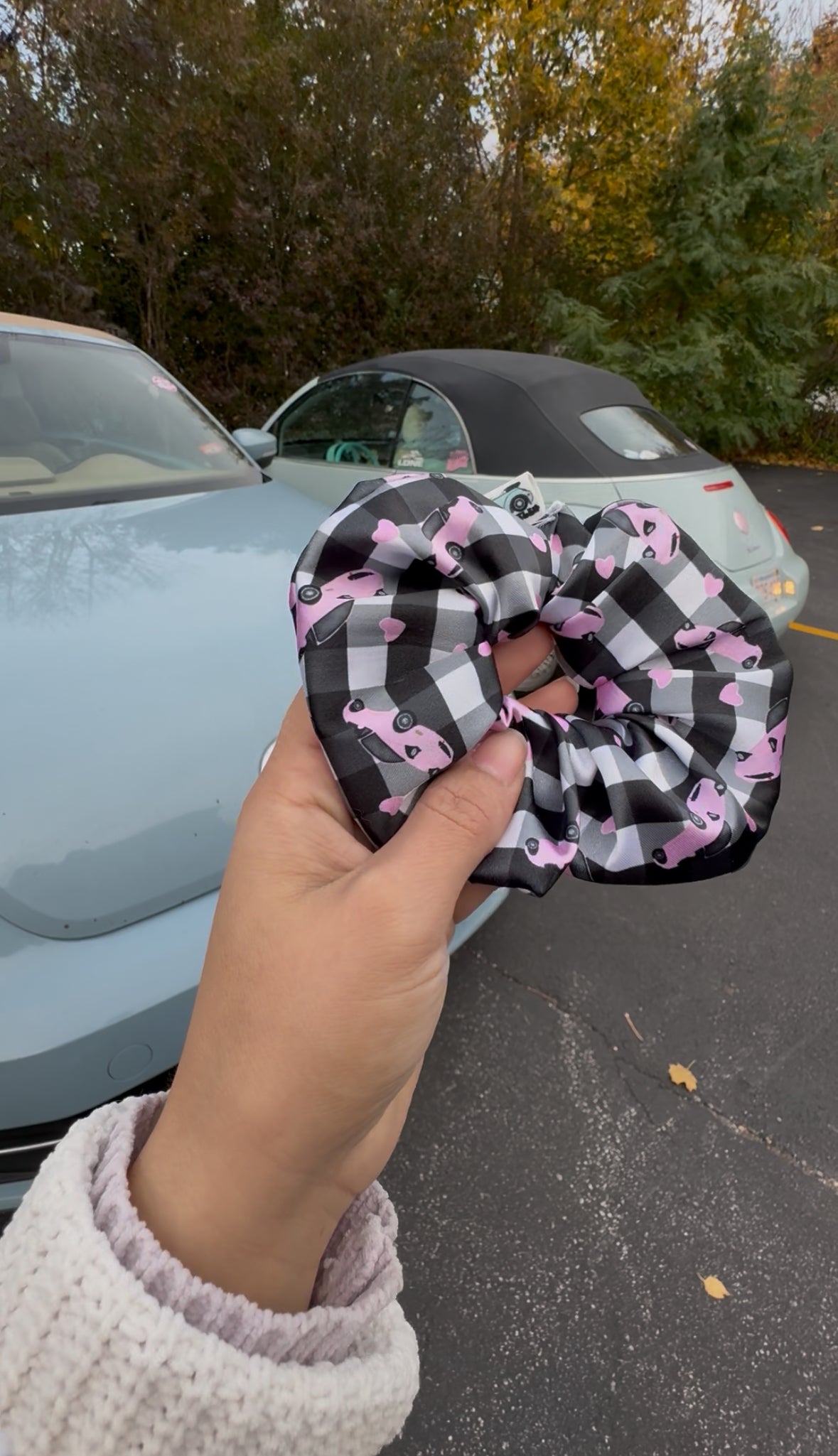Pink Miata satin scrunchie