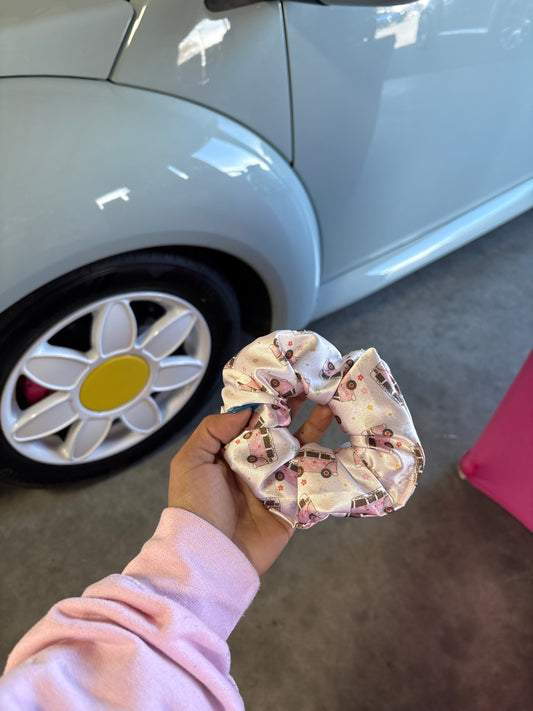 Pink bus satin scrunchie