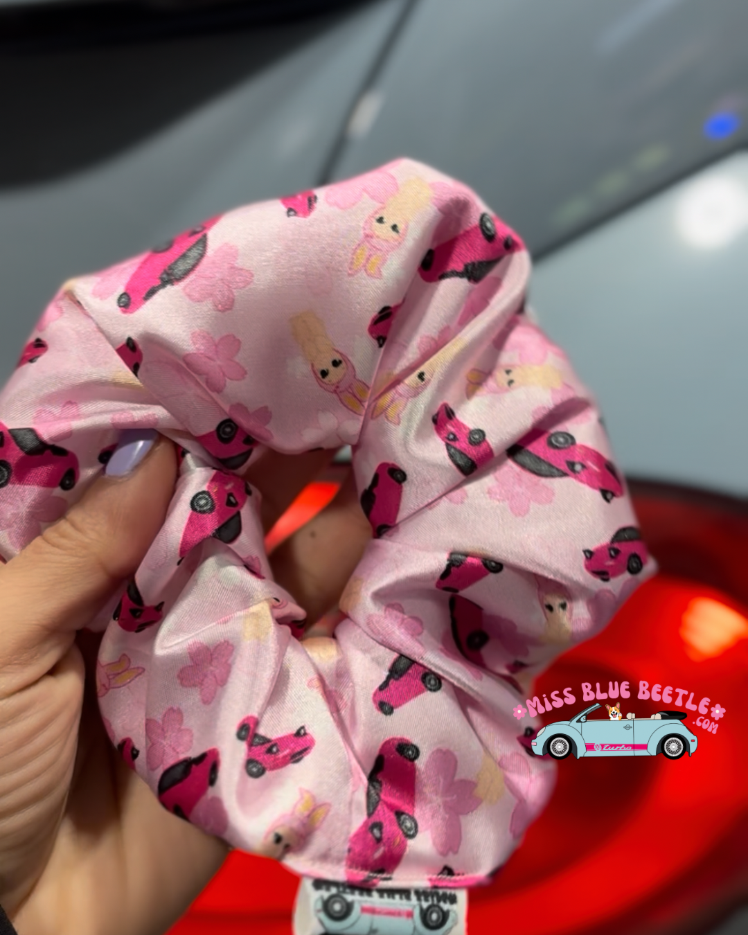 Pink on pink Miata satin scrunchie