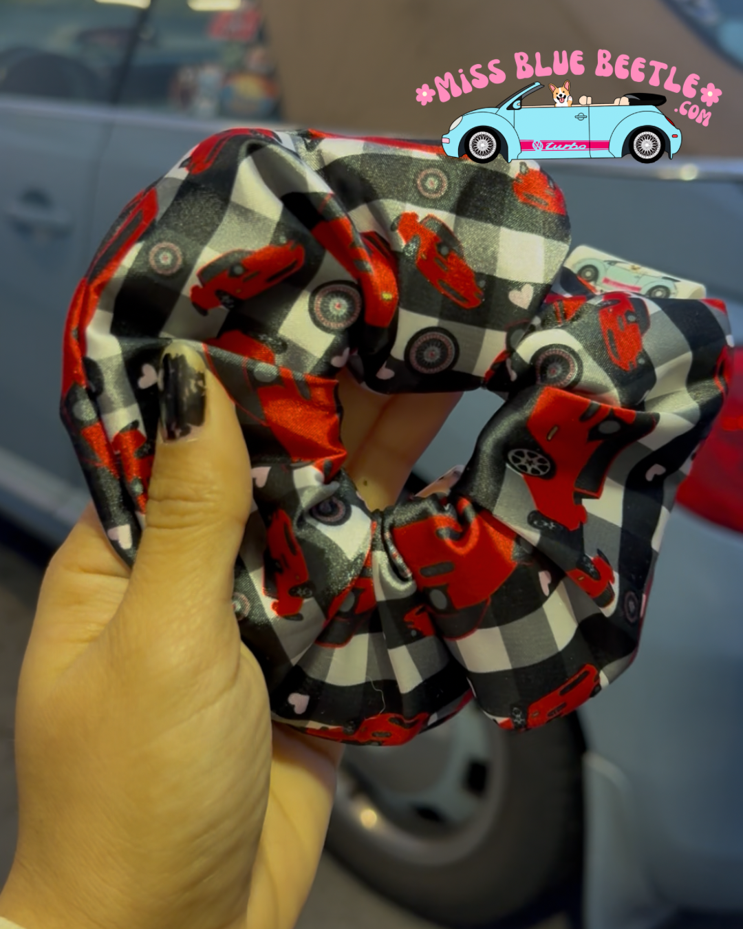 Red Miata satin scrunchie
