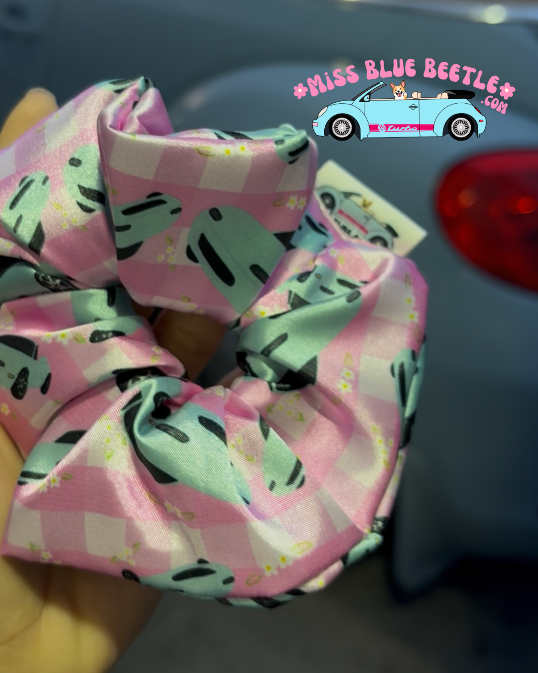 Blue Miata satin scrunchie