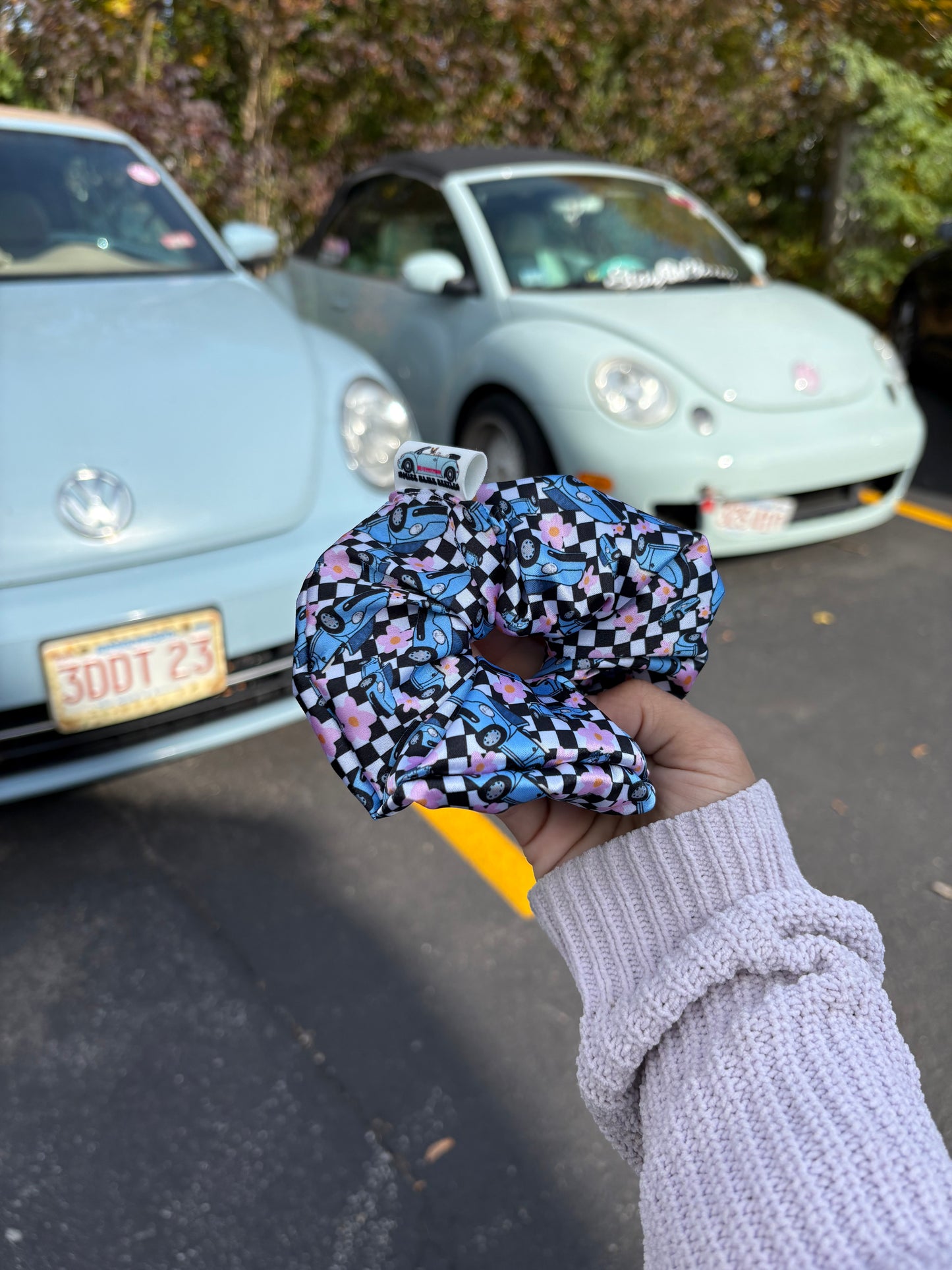 Denim blue bug satin scrunchie