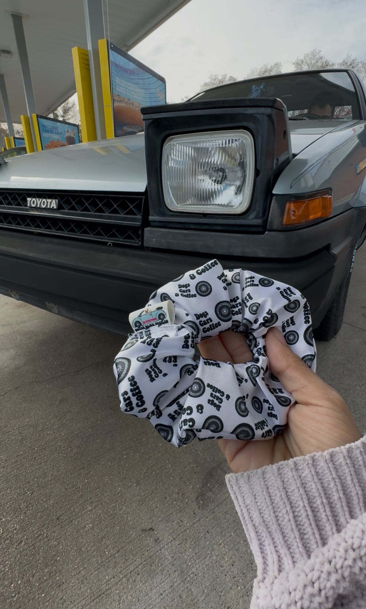 Dogs, cars, and coffee satin scrunchie