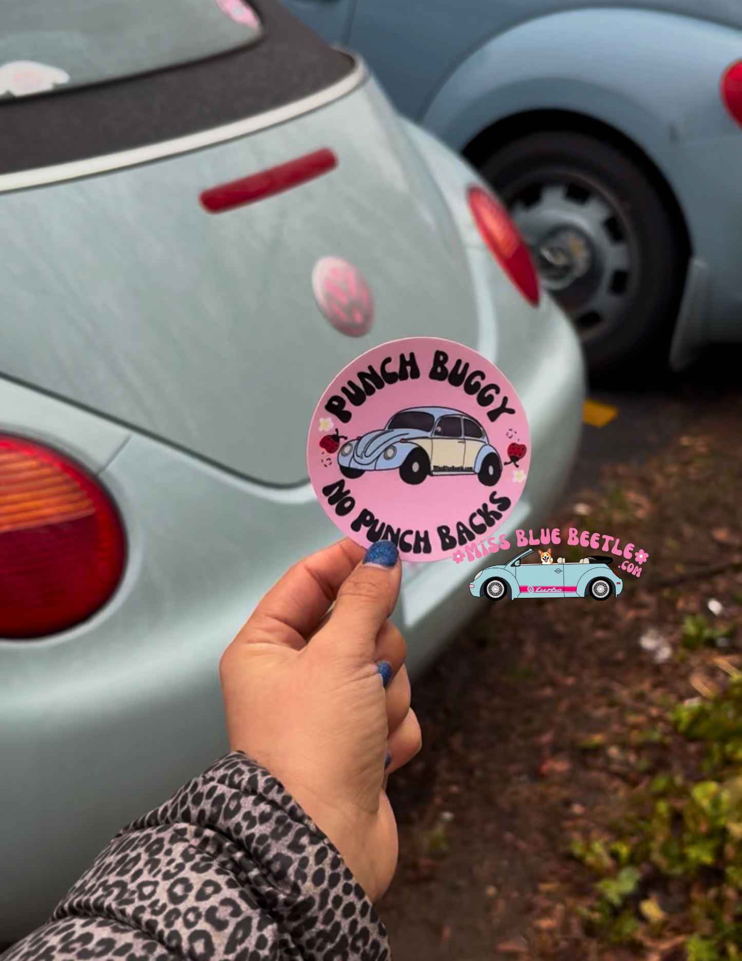 punch buggy no punch backs blue beetle weatherproof decal