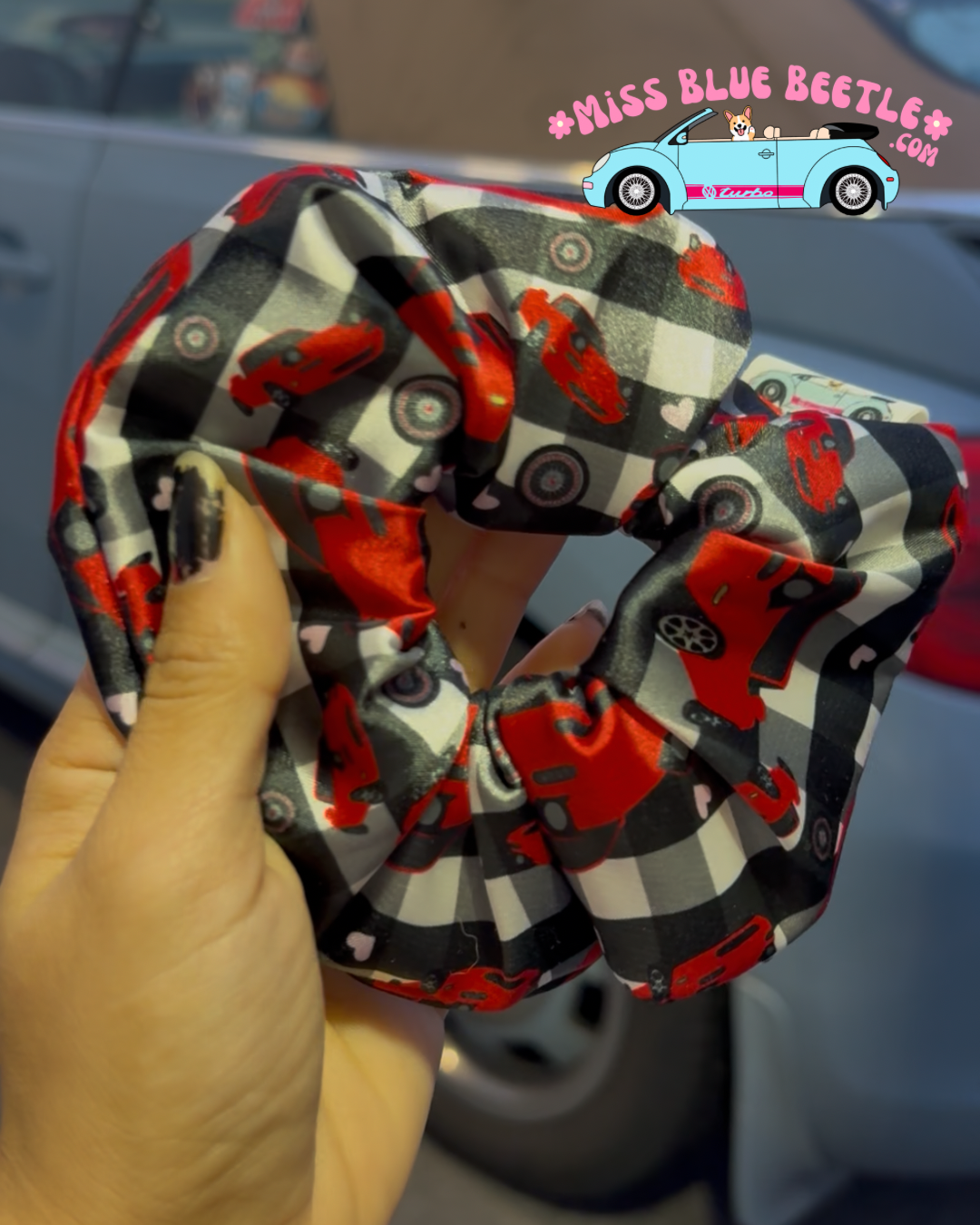 Red Miata satin scrunchie