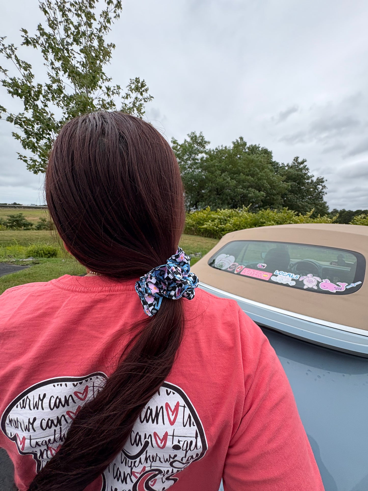 Denim blue bug satin scrunchie